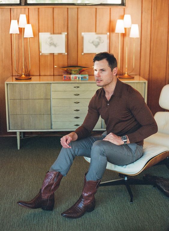 Brown Polo with Checkered Trousers and Cowboy Boots 